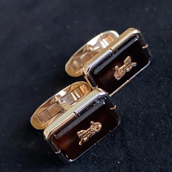 CELINE Cufflinks Cuff Links Set Amber colored stone Horse Carriage Logo - Picture 1 of 8